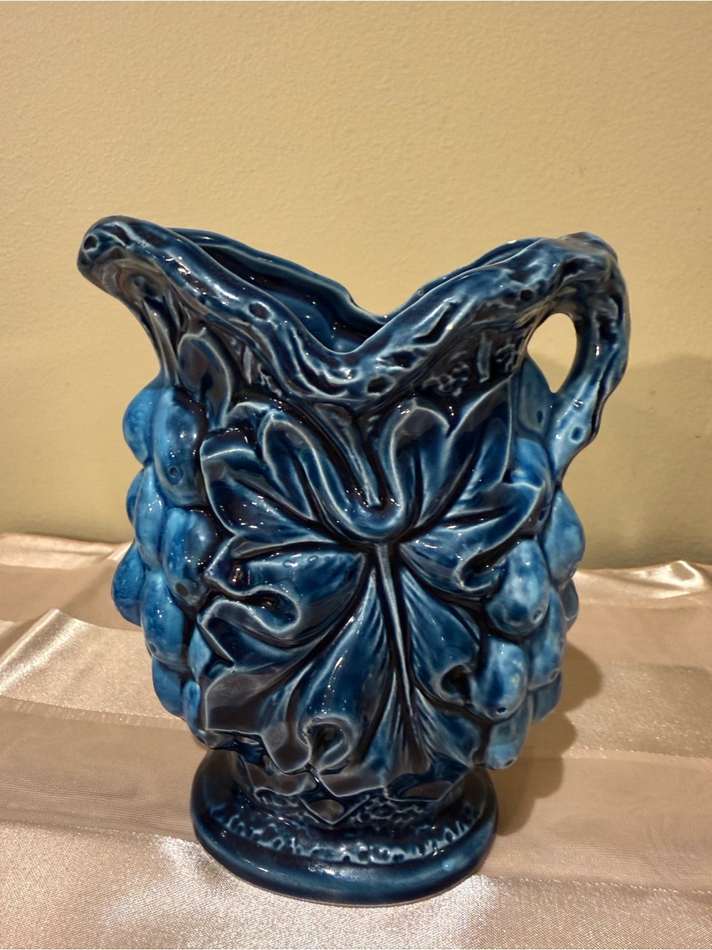 Vintage Cobalt Blue Grape & Leaf Relief Pitcher - Made in Japan - Majolica Style